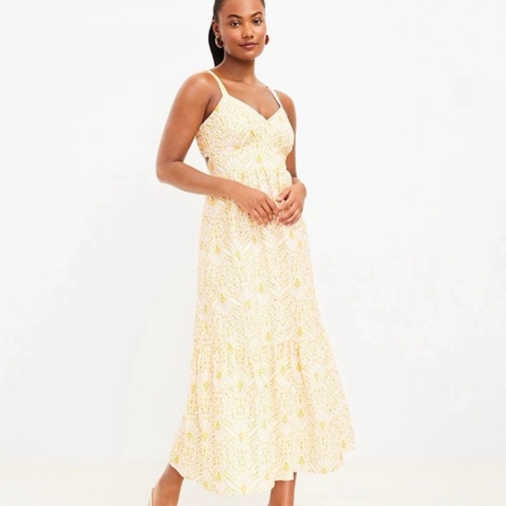 LOFT Embroidered Yellow White Maxi SunDress Tiered Flowy sz 12